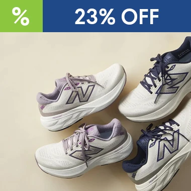 graphic, four white New Balance running shoes arranged diagonally on a light beige surface, featuring one pair with light purple accents and another pair with dark navy blue accents, text, 23% OFF NEW BALANCE Fresh Foam X 880v15 Running Shoes