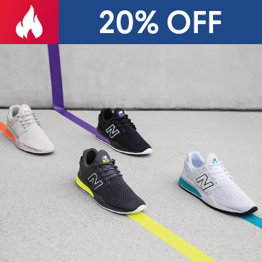Graphic, four New Balance running shoes arranged on gray surface along colored lines, text, Run your best with NEW BALANCE Father's Day SALE – 20% on Special Selection