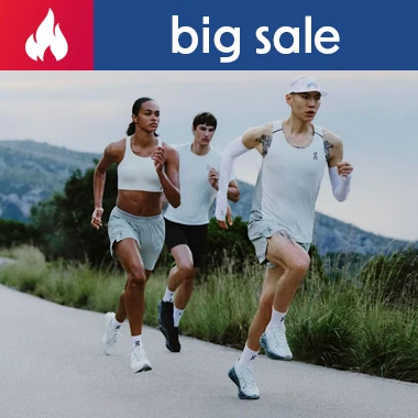 graphic, three runners in light grey and white athletic apparel and ON FOOTWEAR shoes running together on a paved road at dusk, text, ON FOOTWEAR Summer Deals - Special Selection on SALE. Save up!