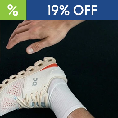 graphic, close-up of a person's hand reaching toward their foot wearing a white On running shoe on a dark surface, text, ON Cloud X 4 Running Shoes are 19% OFF now - Grab yours! 