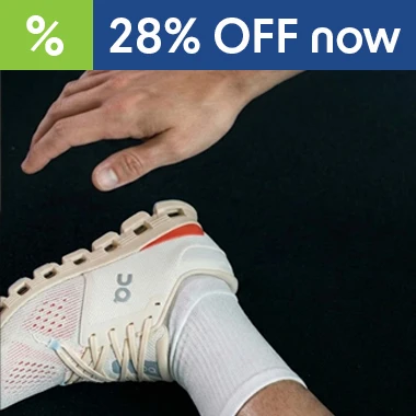graphic, close-up of a person's hand reaching toward their foot wearing a white On running shoe on a dark surface, text, ON Cloud X 4 Running Shoes are 28% OFF now - Grab yours! 