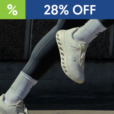 Graphic, close‑up of runner’s legs in white ON Cloudsurfer 2 running shoes with sculpted sole on concrete urban surface, text, ON FOOTWEAR Cloudsurfer 2 Select Colors now just $115.00 - 28% OFF