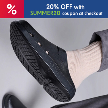 Graphic, close-up of a foot wearing a thick white sock and a black OOFOS clog angled against a grey background, text,  Extra 20% OFF All OOFOS non-sale Items with coupon SUMMER20 at checkout - July 6-15 only