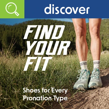 graphic, close-up of a person's lower legs standing on a dirt trail next to tall green grass wearing white socks and light blue trail running shoes, text, Find Your Fit: Explore the Collection of Shoes for Every Pronation Type