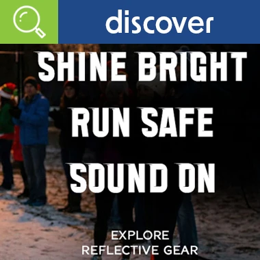 Graphic, group of people standing on snowy surface at night wearing reflective gear, text, Shine Bright. Run Safe. Sound On — Explore Reflective Gear