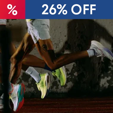 graphic, close-up of multiple runners' legs mid-stride on a dark track wearing brightly colored SAUCONY Endorphin Speed 5 running shoes, text, Price drop! SAUCONY Endorphin Speed 5 Running Shoes with 26% OFF!