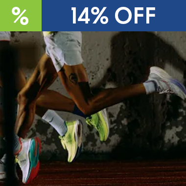 graphic, close-up of multiple runners' legs mid-stride on a dark track wearing brightly colored SAUCONY Endorphin Speed 5 running shoes, text, Price drop! SAUCONY Endorphin Speed 5 Running Shoes with 14% OFF!