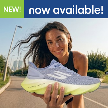 Graphic, person holding light‑purple Skechers running shoe with neon‑yellow sole toward the camera in sunny park with trees, grass, paved path and distant city skyline, text, Comfort and Style Every Step of the Way with SKECHERS - Now Part of Our Lineup, Shop New Arrivals Today!