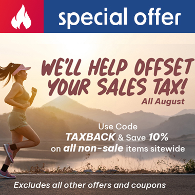 graphic, a woman in a visor and athletic wear running on a path beside a lake with mountains in the background at sunset, text, All August - WE'LL HELP OFFSET YOUR SALES TAX! Use Code TAXBACK & Save 10% on all non-sale items sitewide; Excludes all other offers and coupons