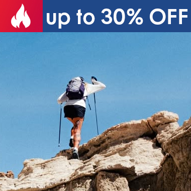 graphic, low angle view of a person with a backpack and trekking poles climbing up a rocky mountain slope against a clear blue sky, text, The North Face Limited-Time Sale: enjoy up to 30% off select models