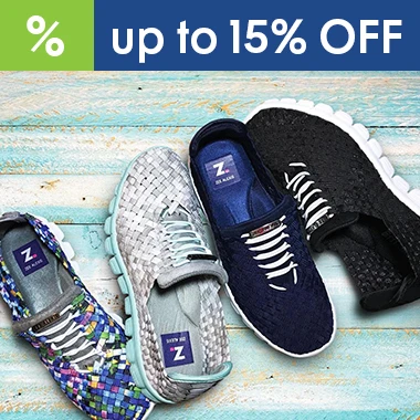 Graphic, four different colored Zee Alexis woven slip-on sneakers with elastic laces arranged on a distressed light blue wooden background, text, Zee Alexis Sneakers up to 15% off