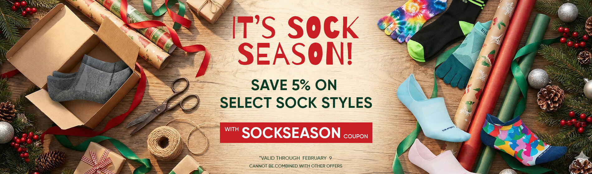 Graphic, festive sock arrangement with holiday decorations and gift wrapping, text, Sock Season promo 5% off select styles with SOCKSEASON coupon