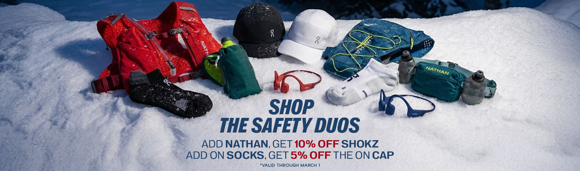 Graphic, winter running gear including Nathan vests, ON socks and caps, and Shokz headphones displayed on snow, text, Safety Duos promo: 10% off Shokz with Nathan purchase and 5% off ON cap with ON socks purchase