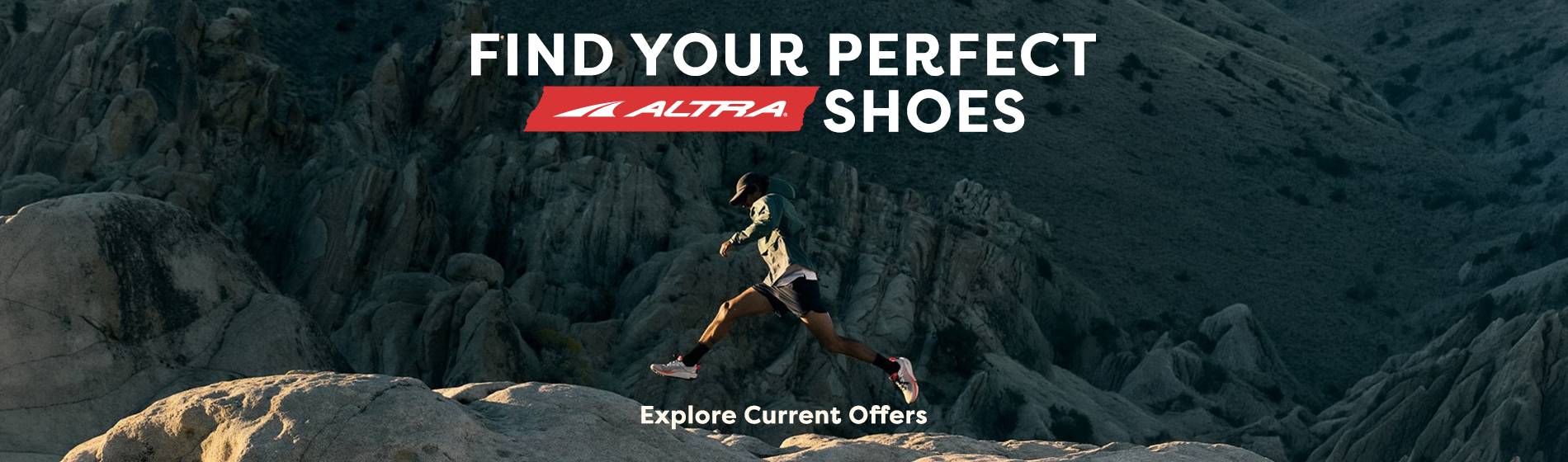 graphic, a person mid-air leaping across large rocks in a rugged mountainous landscape, text, FIND YOUR PERFECT ALTRA SHOES - Explore Current Offers