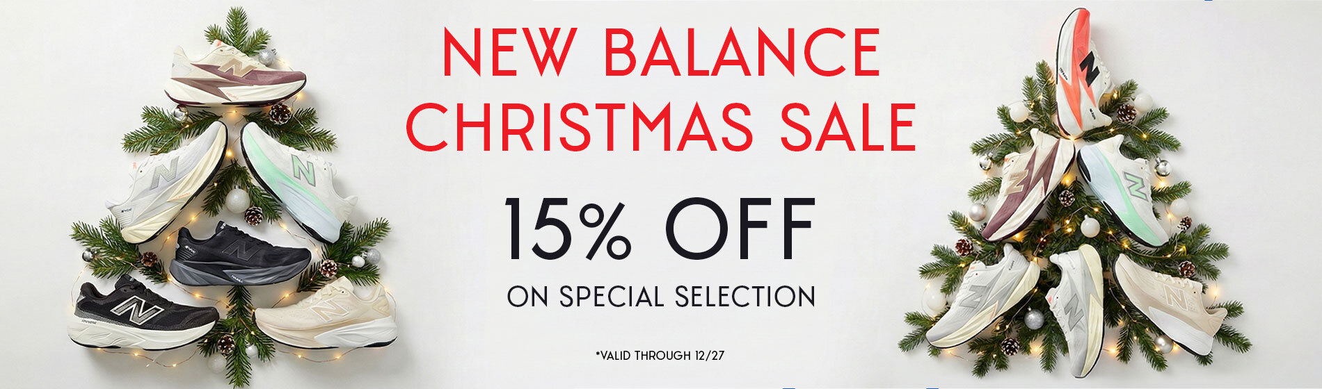 Graphic, New Balance sneakers arranged as Christmas trees, text, New Balance Christmas Sale 15% off on special selection 