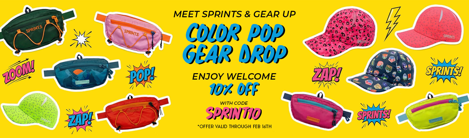 Graphic, colorful SPRINTS fanny packs and caps on yellow background with comic-style effects, text, Meet SPRINTS & Gear Up & Enjoy welcome 10% OFF with code SPRINT10