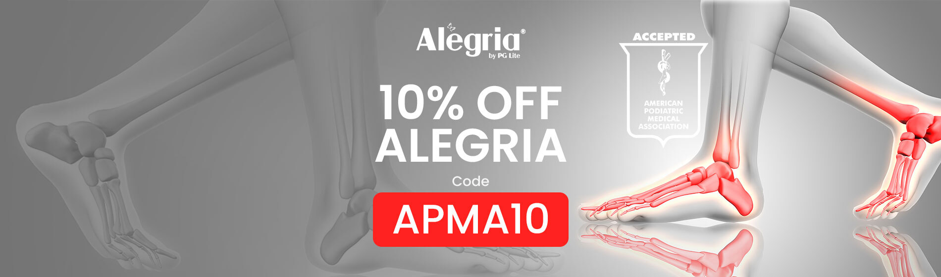 graphic, anatomical illustration of feet with red pressure points and Alegria branding, text, 10% OFF APMA-Approved ALEGRIA styles – use code APMA10 at checkout