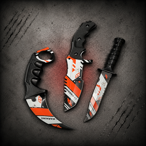 Falcon Orange and White 440 Black ABS Karambit Bowie Bayonet Set KC165WO showing all three knives together
