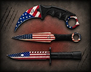 Falcon American Flag 440 Black ABS Karambit Throwing Knives Hunting Knife Set with all three knife designs displayed together