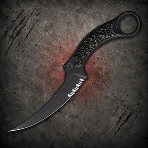 Bastinelli Mako Serrated Black Stonewashed Bohler N690 Bronze Skull Relief Fixed Karambit shown in full with curved blade, bronze skull handle, and finger ring