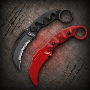 Halfbreed Blades Black Serrated Bohler K340 Isodur Black G10 Fixed Karambit with Trainer Set shown with the full knife and red aluminum trainer