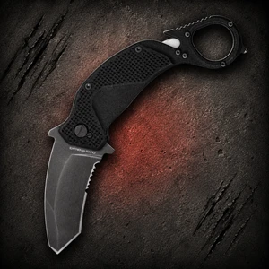Extreme Ratio Nightmare Black Mil-C-13924 Serrated Bohler N690 Black Anodized Aluminum Folding Tanto Karambit shown fully open