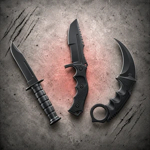 Falcon Black 440 Black ABS Karambit Bowie Bayonet Set shown with all three knives together