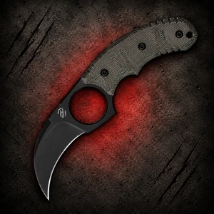 Bastinelli Creations Ligament Black PVD Bohler M390 OD Green Canvas Micarta Fixed Karambit shown in full with black PVD-coated hawkbill blade and OD green canvas micarta handle