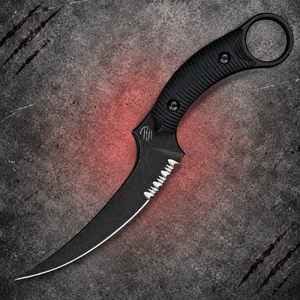 Bastinelli Mako Serrated Black Stonewashed Bohler N690 Black G10 Relief Fixed Karambit BAS206S shown in full