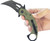 Hand holding the Kubey Mini Wrath Black Stonewashed 14C28N Sandvik OD Green G10 Folding Karambit KUB262F with blade fully open