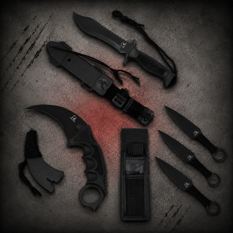 Falcon Black 440 Black ABS Karambit Throwing Knives Hunting Knife Set KC841BK showing all knives next to their protective sheaths