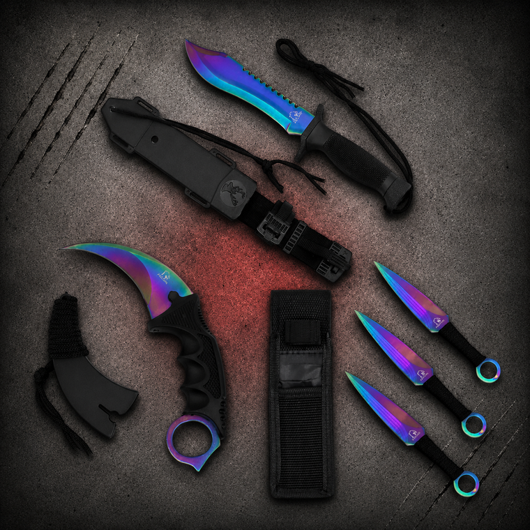 Falcon Rainbow 440 Black ABS Karambit Throwing Knives Bayonet Knife Set KC841RB showing all knives with their sheaths displayed beside them