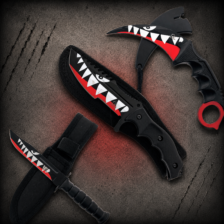 Falcon Shark 440 Black ABS Karambit Bowie Bayonet Set with all three knives displayed next to their nylon sheaths