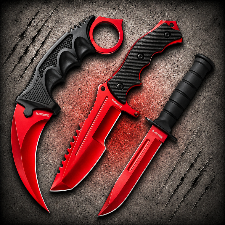 Black Legion Red Fury 440C Black TPU Karambit Bowie Bayonet Set with all three knives displayed together