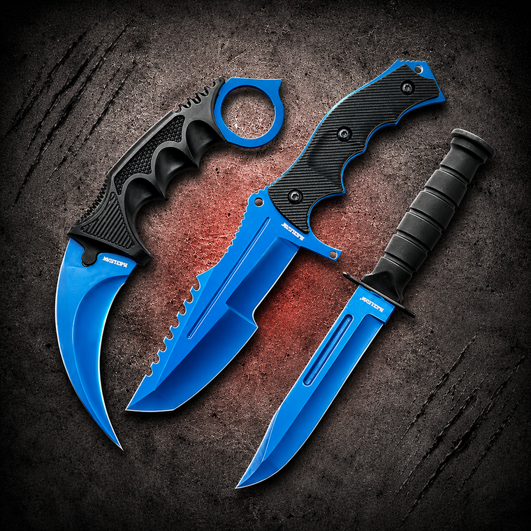 Black Legion Blue Stratosphere 440C Black TPU Karambit Bowie Bayonet Set with all three knives displayed together