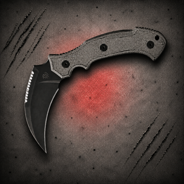 Bastinelli Creations Grumpy Black PVD Bohler M390 Green Micarta Fixed Karambit shown in full with curved blade, green micarta handle, and full tang