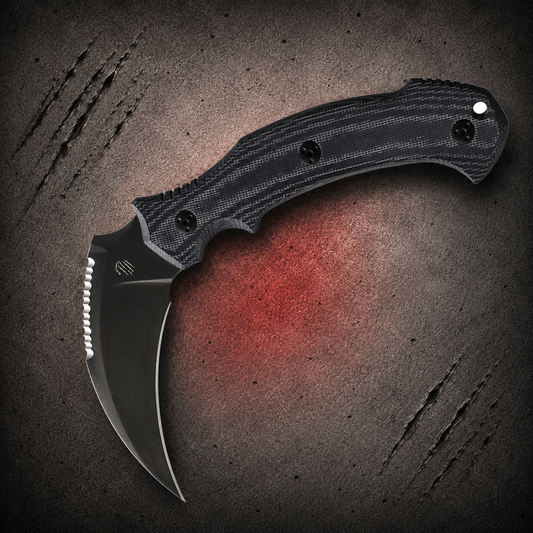 Bastinelli Creations Grumpy Black PVD Bohler M390 Black Micarta Fixed Karambit shown in full with curved blade, black micarta handle, and full tang