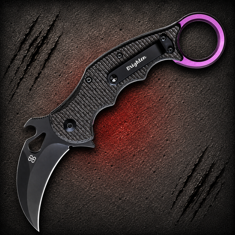 Brighten Blades Moonstruck Black Elmax Black Purple Carbon Fiber Folding Karambit shown fully open