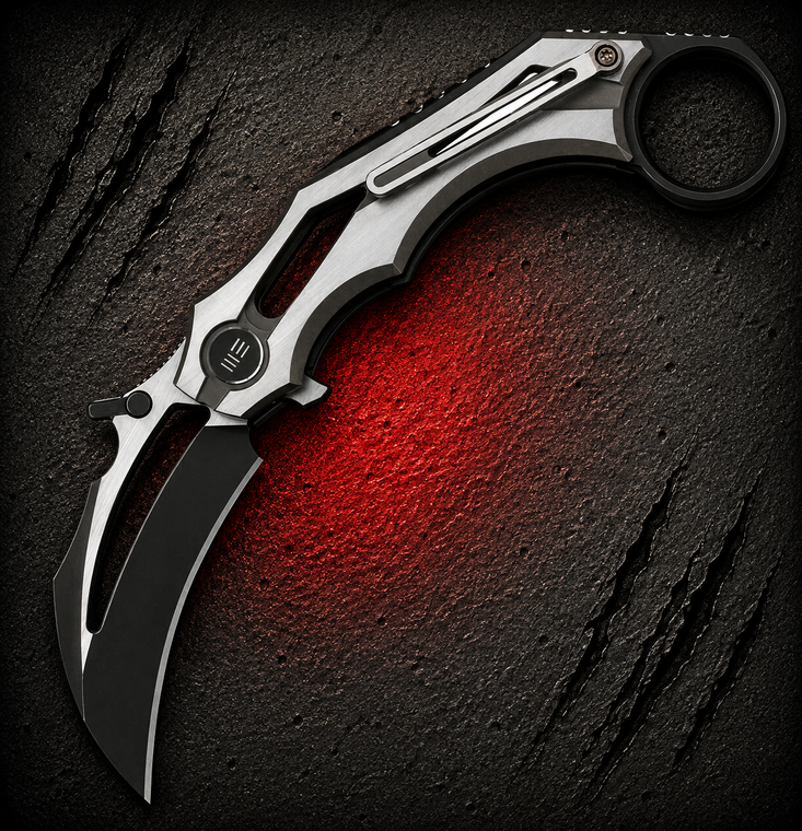 WE Knife Cryonix Nested Stonewash Satin Bronze Satin Titanium Folding Karambit shown fully open from the clip side