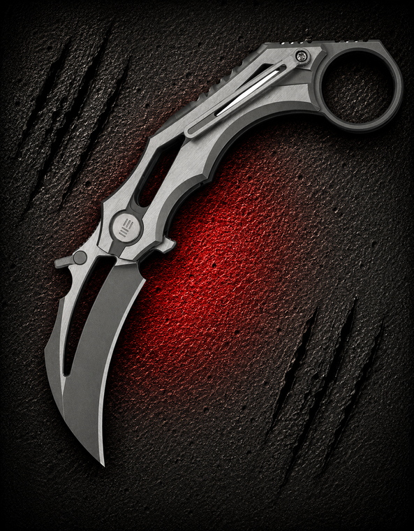 WE Knife Cryonix Nested Gray Stonewash Gray Satin Titanium Folding Karambit shown fully open from the clip side