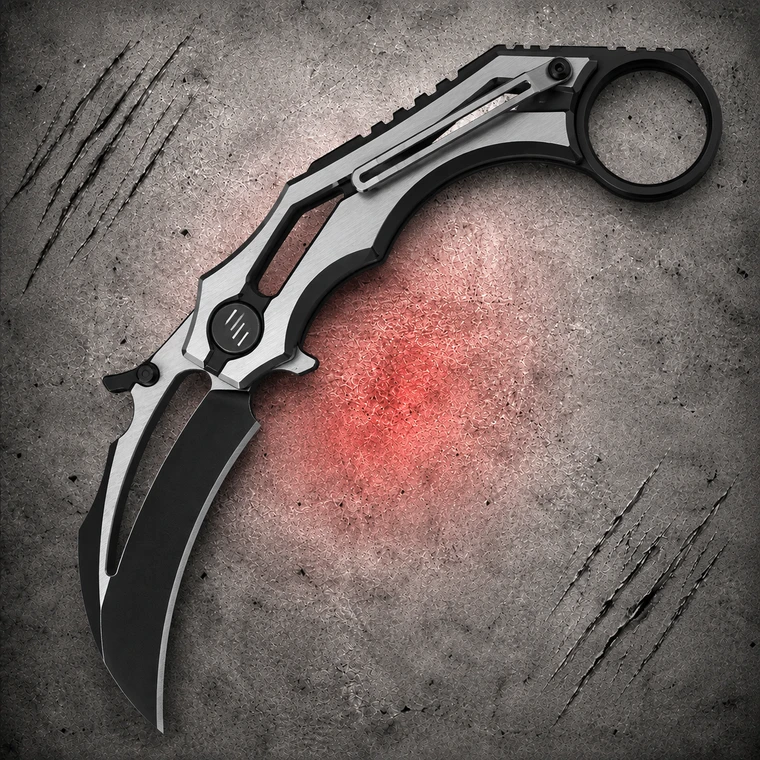 WE Knife Cryonix Nested Black Stonewash Black Satin Titanium Folding Karambit shown fully open from the clip side