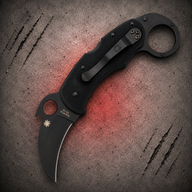 Spyderco Karahawk Black TiCN Coated VG-10 Black G10 Folding Karambit shown open on clip side