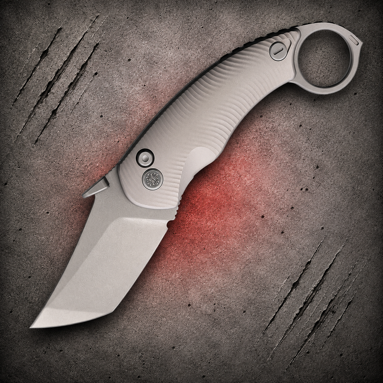 Cavol Kobra Tanto Stonewash CPM S90V Gray Fluted Titanium Folding Karambit shown open on non-clip side