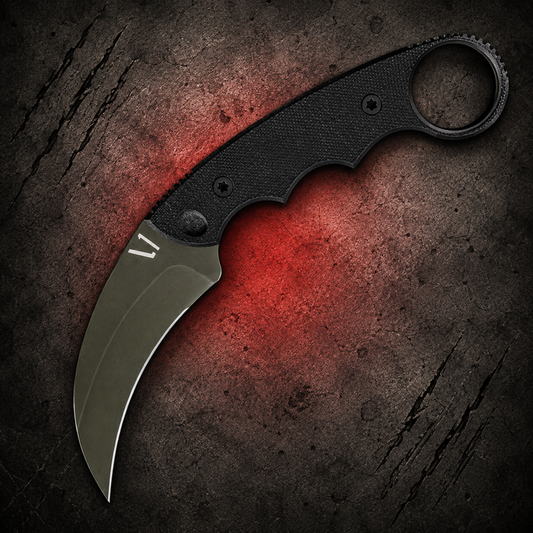 CBRS Combat OD Cerakote S45VN Black G10 Fixed Karambit shown with the OD green Cerakote karambit blade facing down and black G10 handle visible