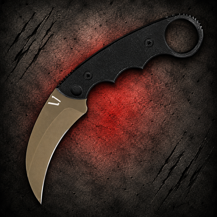 CBRS Combat Dark Earth Cerakote S45VN Black G10 Fixed Karambit shown with the dark earth Cerakote blade facing down and black finger-grooved G10 handle visible