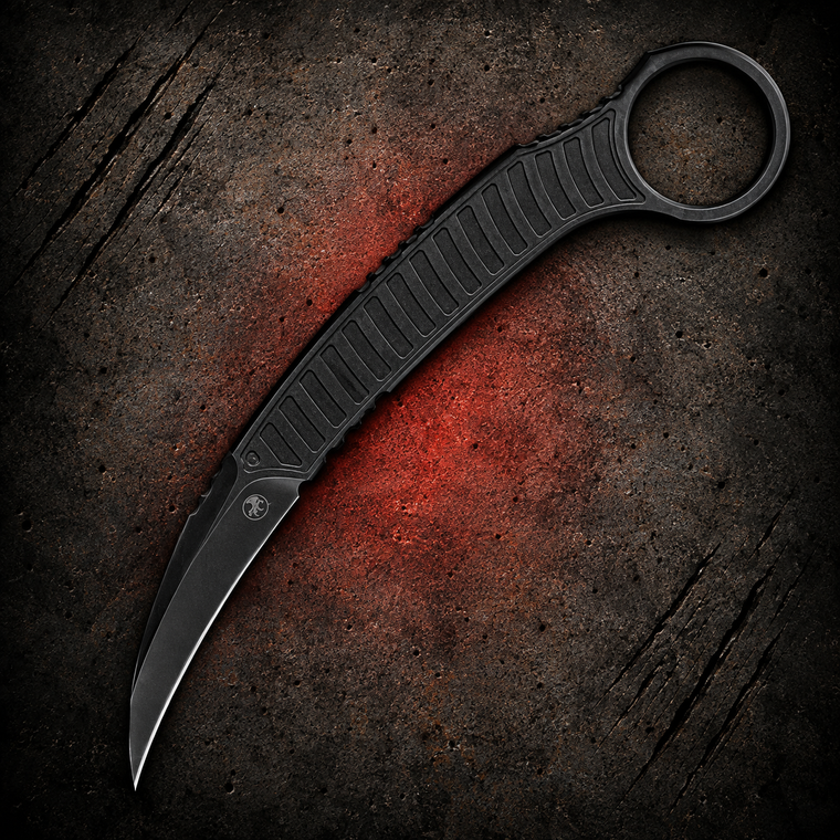 Microtech Feather Black DLC Fixed Karambit shown in full with black DLC-coated karambit blade and integrated finger ring visible