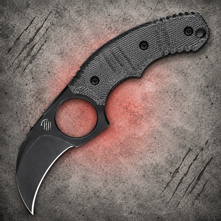 Bastinelli Creations Ligament Black PVD Bohler M390 Black Canvas Micarta Fixed Karambit shown in full with black PVD-coated hawkbill blade and black canvas micarta handle