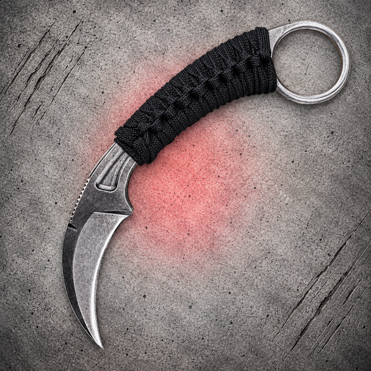 Bastinelli Creations Pika Stonewash Bohler N690 Black Cord Fixed Karambit BAS202W shown in full