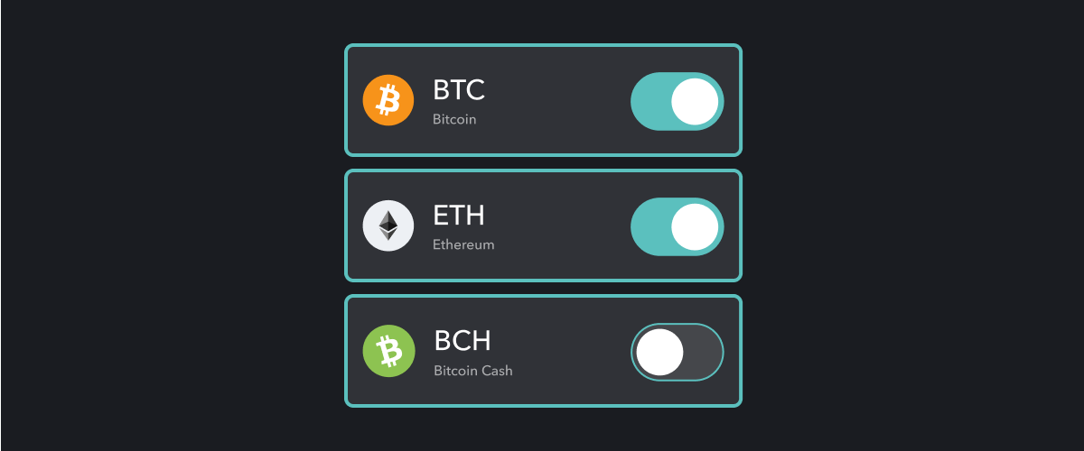 Arculus App Bitcoin, Ethereum and Bitcoin Cash toggle