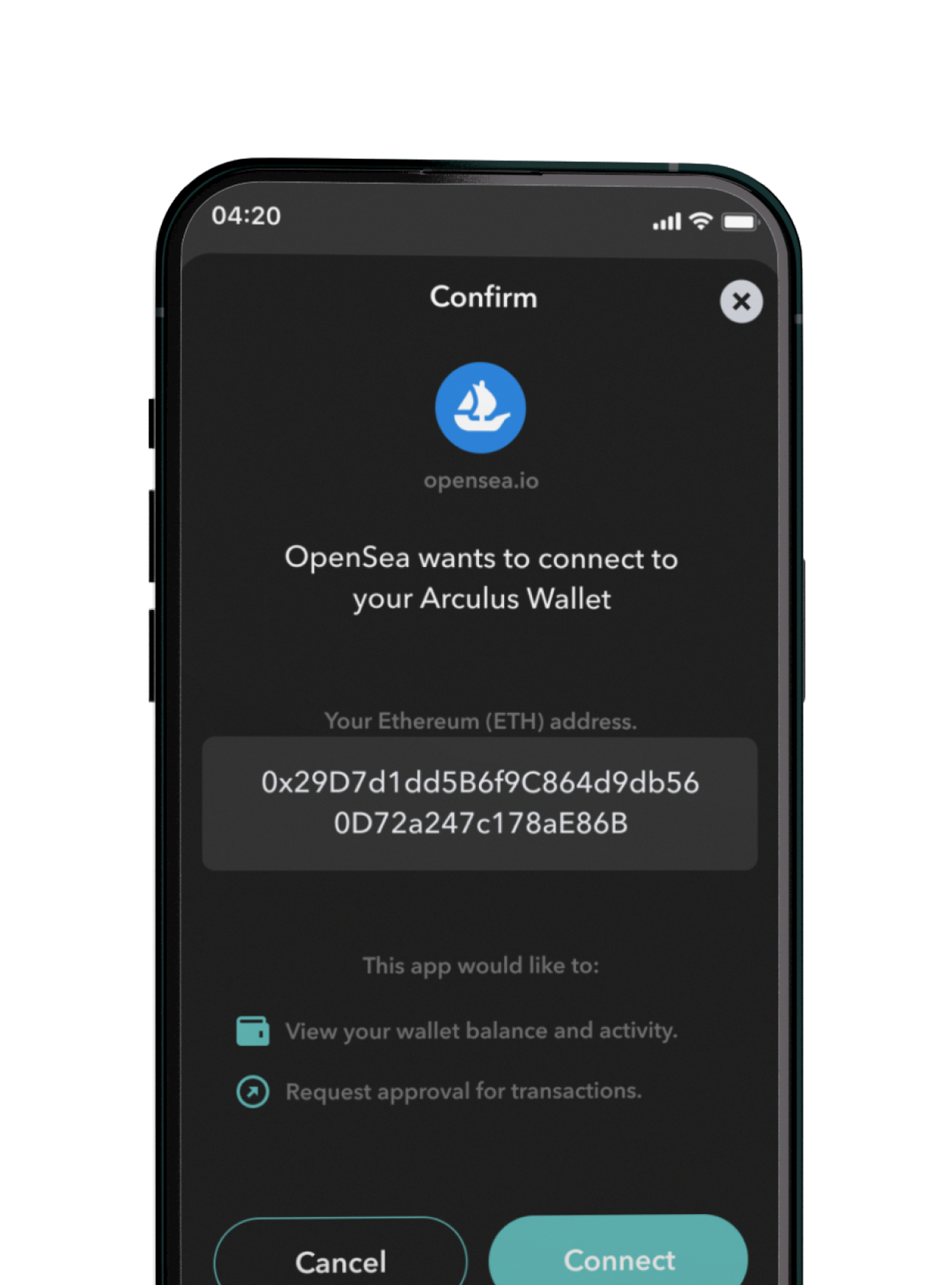 Arculus App connecting to OpenSea via WalletConnect